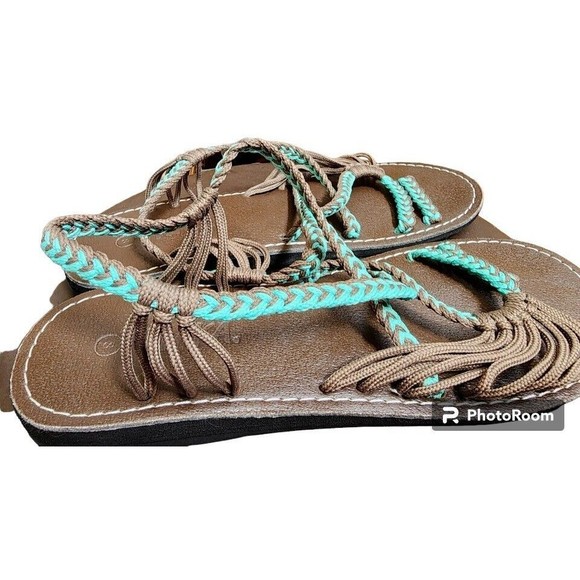 Plaka Palm Leaf Flat Sandals Size 8 Super Cute Hippie Boho - Picture 2 of 4